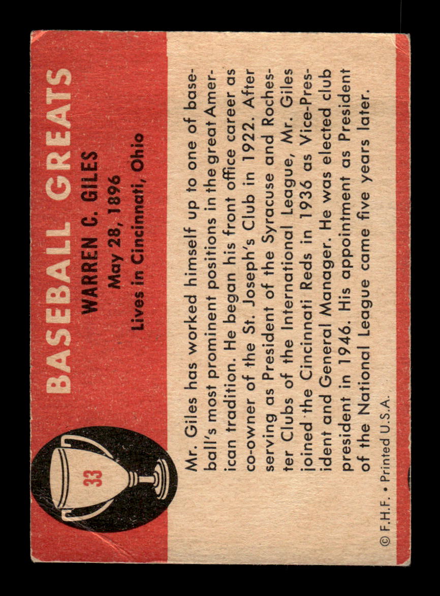 1961 Fleer Baseball Greats (F418-3) #33 Warren Giles Very Good HOF-10003745