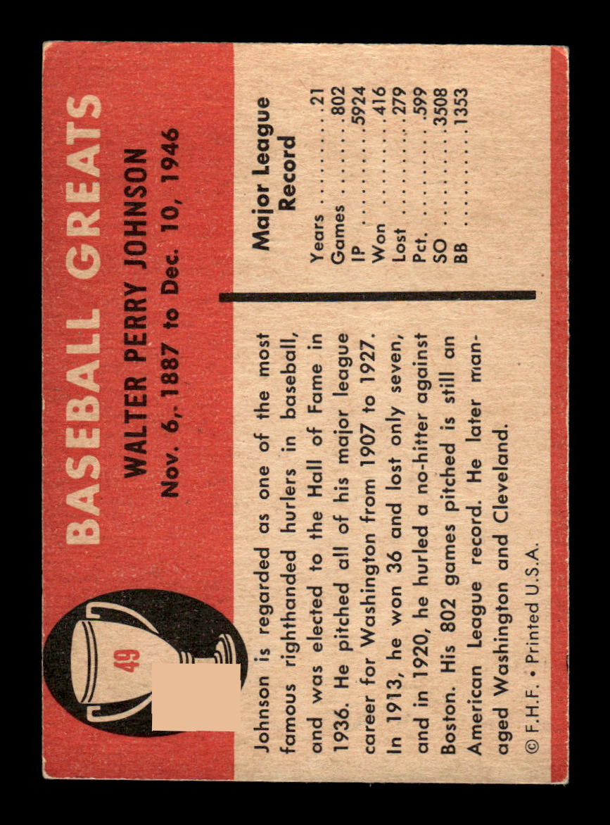 1961 Fleer Baseball Greats (F418-3) #49 Walter Johnson Very Good HOF-10003747