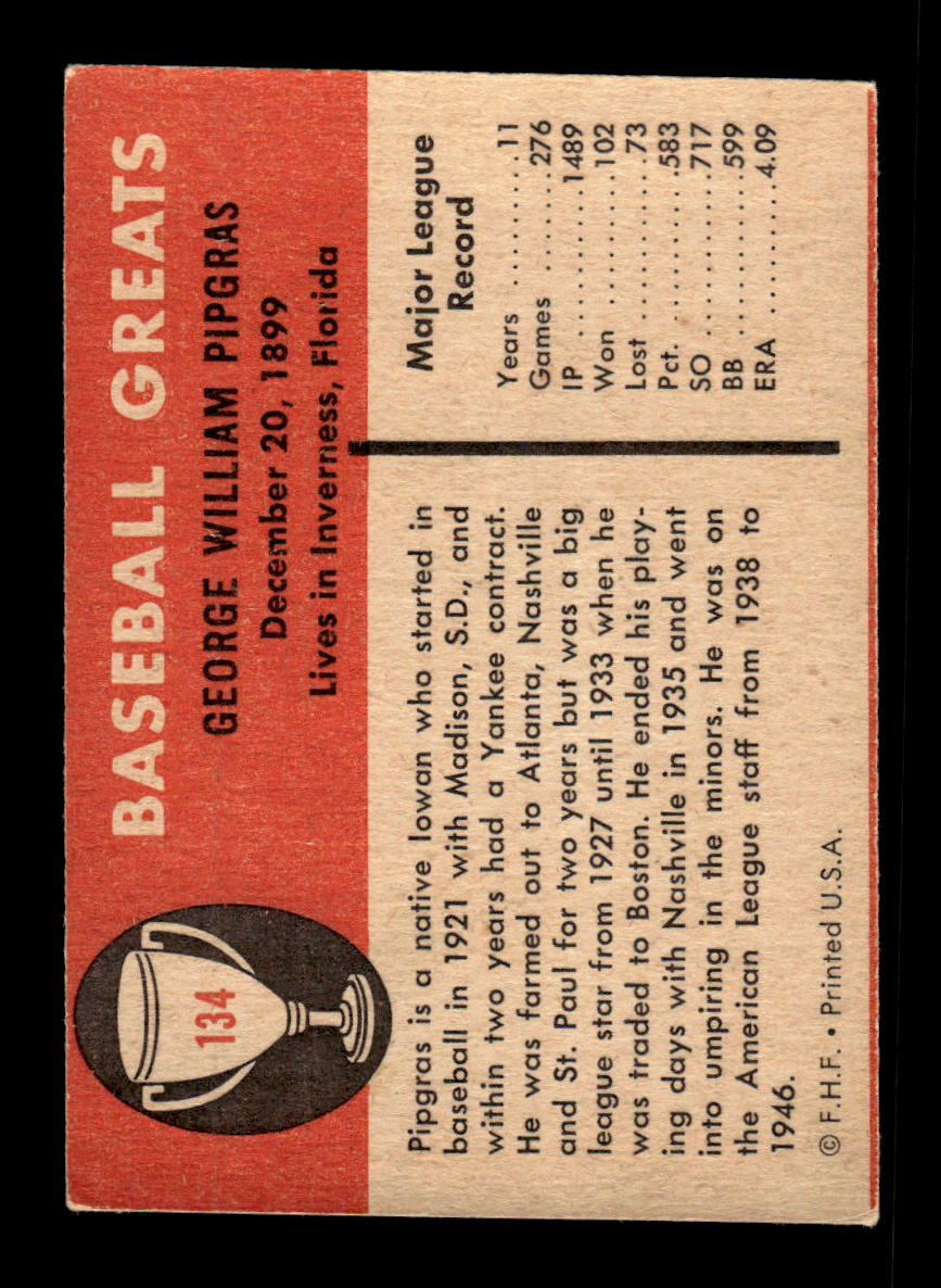 1961 Fleer Baseball Greats (F418-3) #134 George Pipgras Very Good HOF-10003770