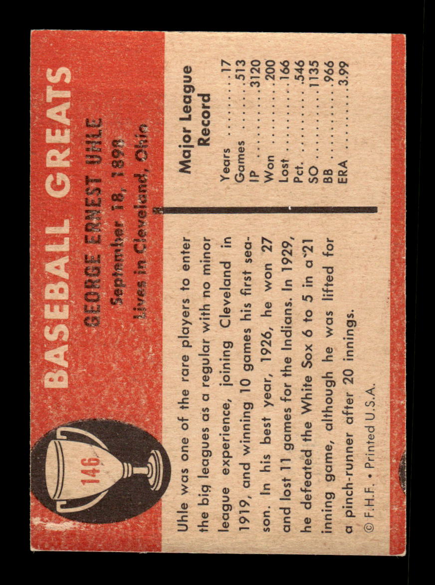 1961 Fleer Baseball Greats (F418-3) #146 George Uhle Very Good HOF-10003777