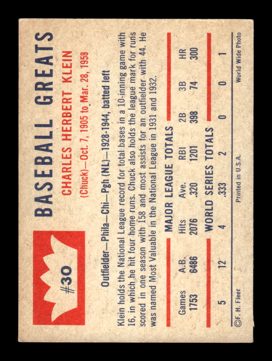 1960 Fleer Baseball Greats #30 Chuck Klein Very Good HOF-10003792