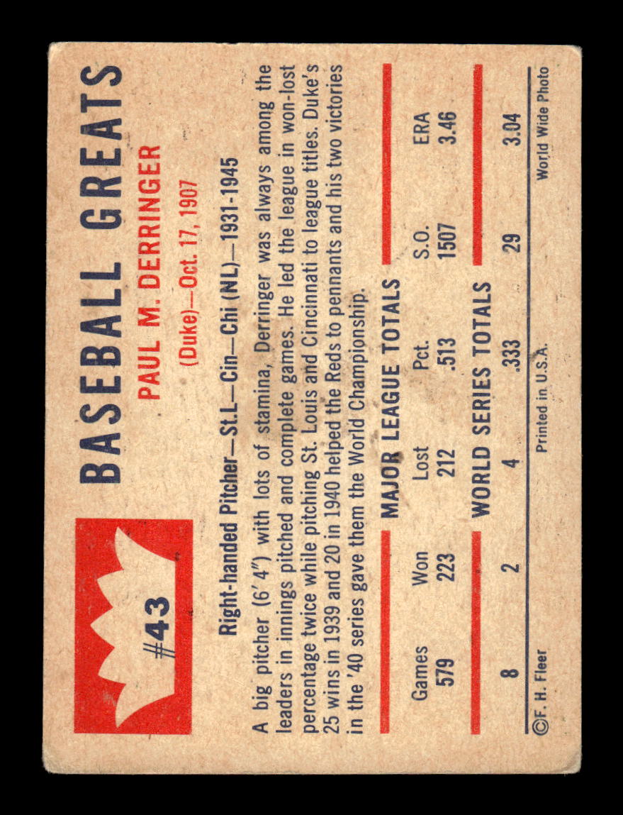 1960 Fleer Baseball Greats #43 Paul Derringer Very Good HOF-10003797
