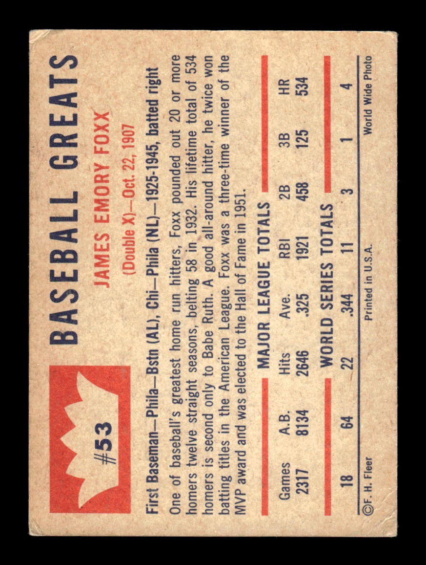 1960 Fleer Baseball Greats #53 Jimmie Foxx Very Good HOF-10003801