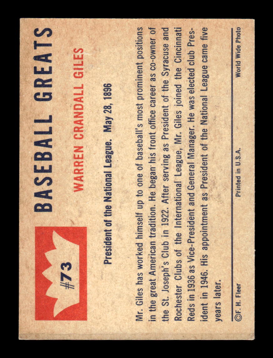 1960 Fleer Baseball Greats #73 Warren Giles Very Good HOF-10003806