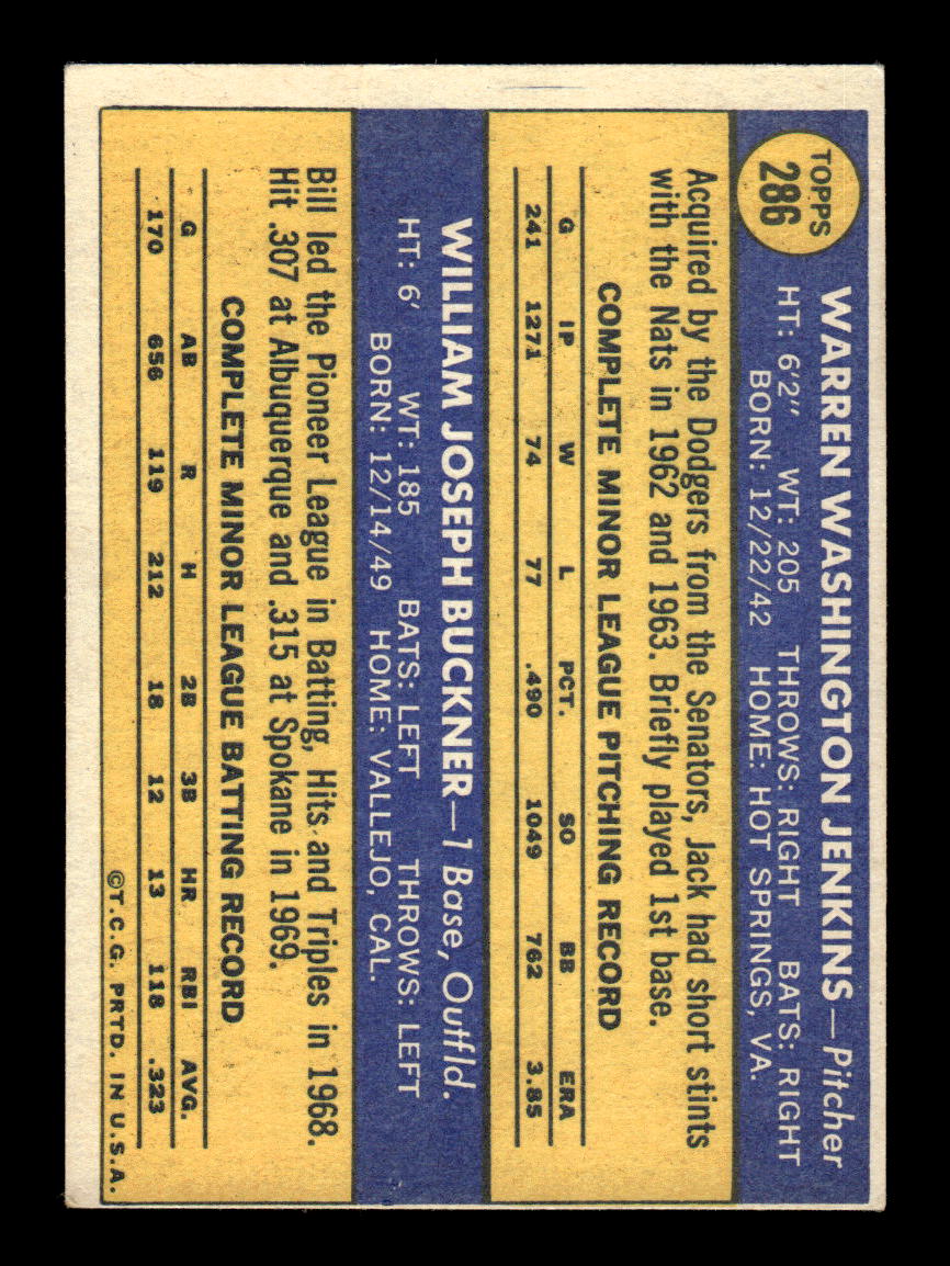 1970 Topps #286 Rookie Stars Jack Jenkins Bill Buckner Excellent HOF-10003826