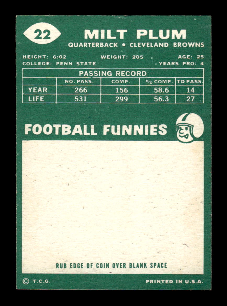 1960 Topps #22 Milt Plum Pack Fresh Near Mint or Better HOF-10003847