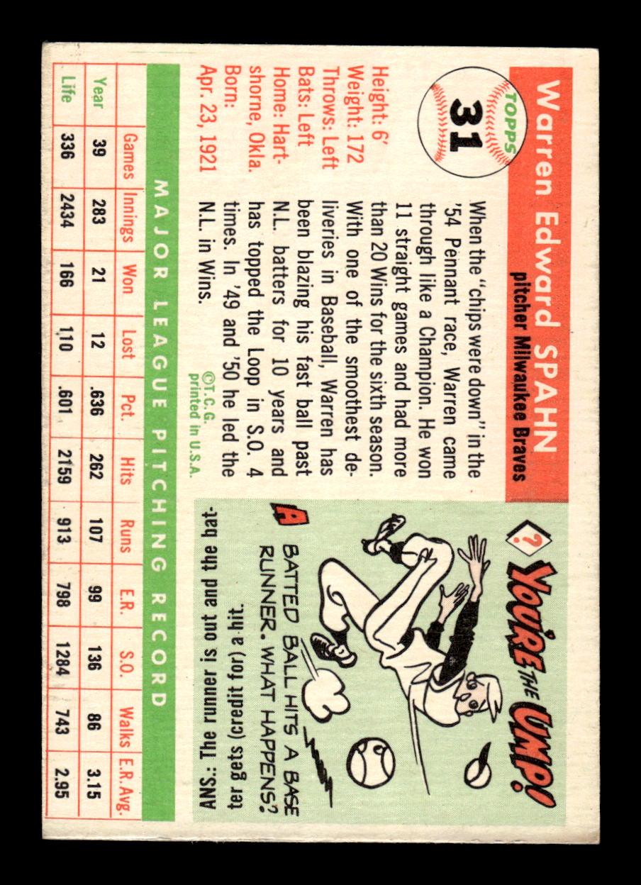 1955 Topps #31 Warren Spahn Excellent HOF-10003911