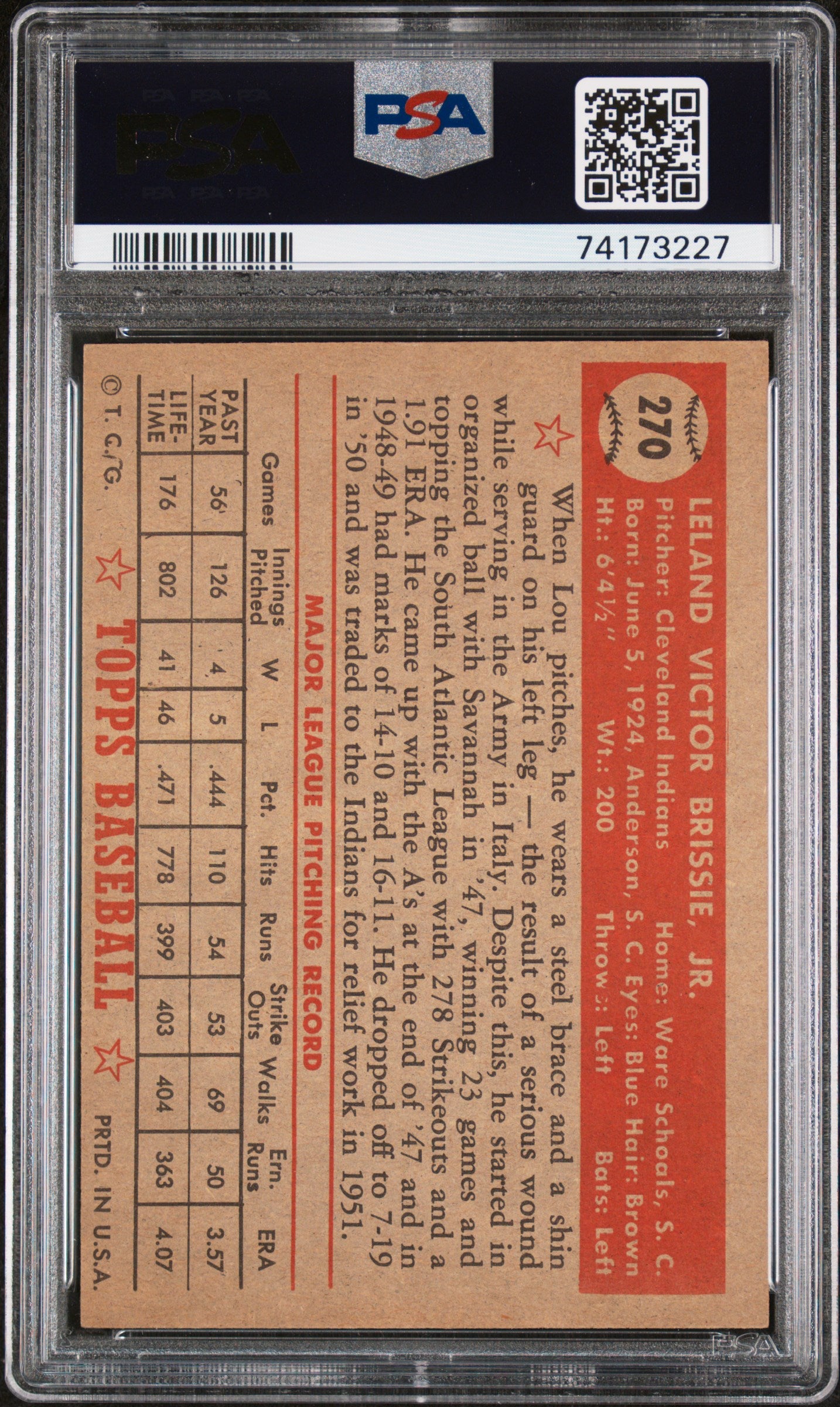 1952 Topps #270 Lou Brissie PSA 7 SN 74173227