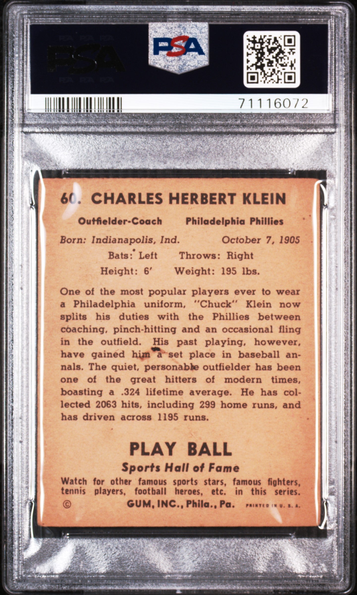 1941 Play Ball #60 Chuck Klein PSA 2 SN 71116072