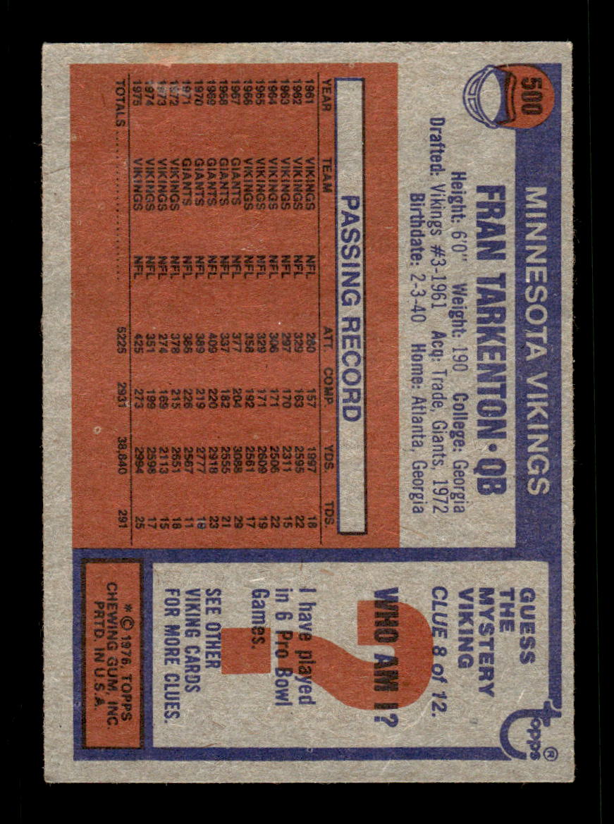 1976 Topps #500 Fran Tarkenton Very Good HOF-10004052