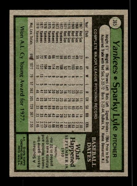1979 Topps #365 Sparky Lyle EXMT PACK FRESH HOF-10004454