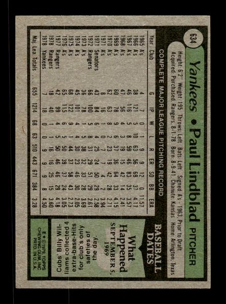 1979 Topps #634 Paul Lindblad EXMT PACK FRESH HOF-10004713