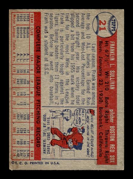 1957 Topps #21 Frank Sullivan EX - EXMT HOF-10004818