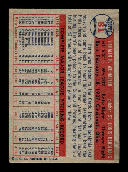 1957 Topps #81 Herm Wehmeier EX - EXMT HOF-10004869