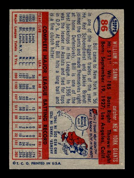 1957 Topps #86 Bill Sarni EX - EXMT HOF-10004873