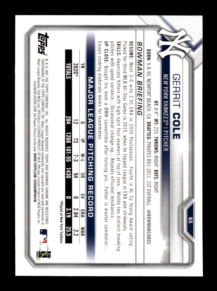 2021 Bowman #65 Gerrit Cole HOF-10005007