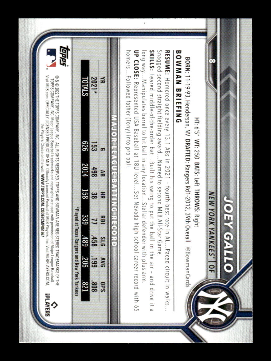 2022 Bowman #8 Joey Gallo HOF-10005011