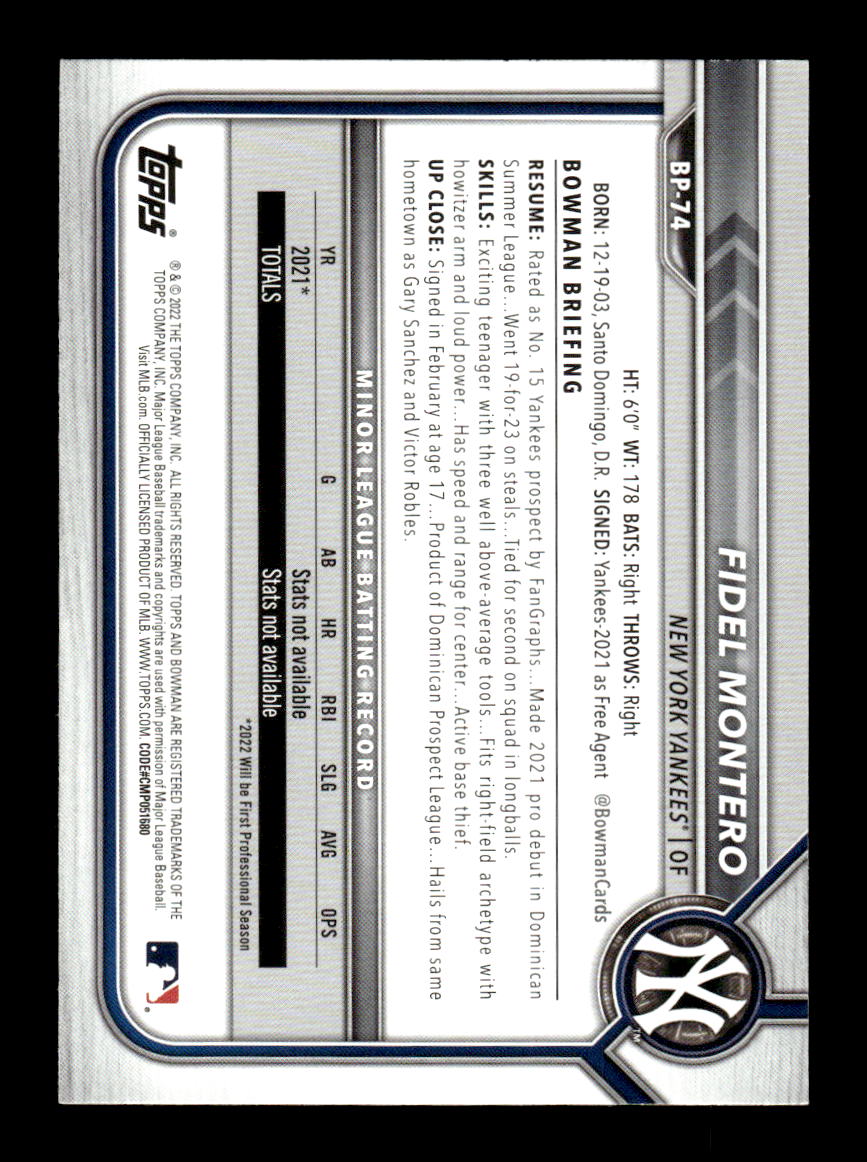 2022 Bowman #BP-74 Fidel Montero HOF-10005012