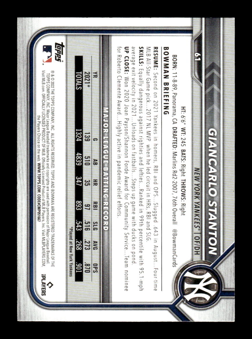 2022 Bowman #61 Giancarlo Stanton HOF-10005013