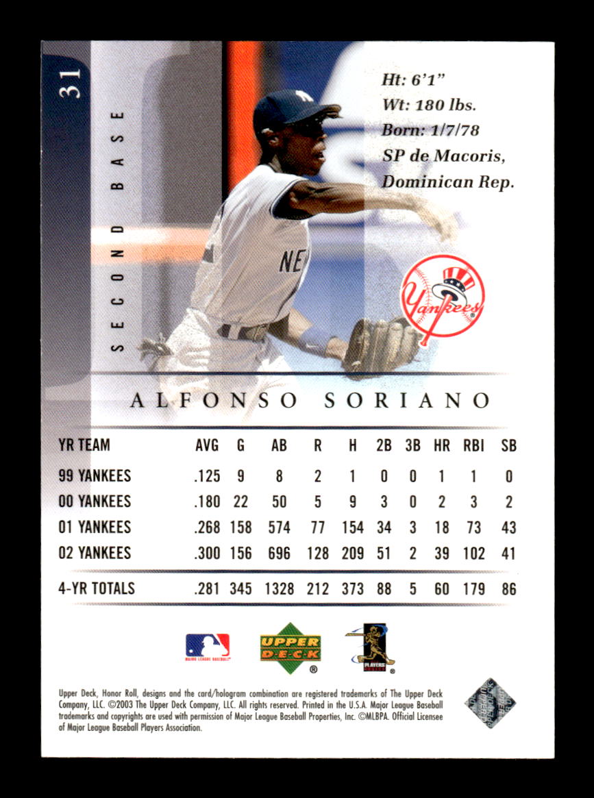 2003 Upper Deck Honor Roll #31 Alfonso Soriano HOF-10005036