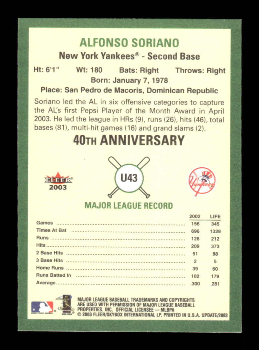 2003 Fleer Tradition Update #U43 Alfonso Soriano HOF-10005044