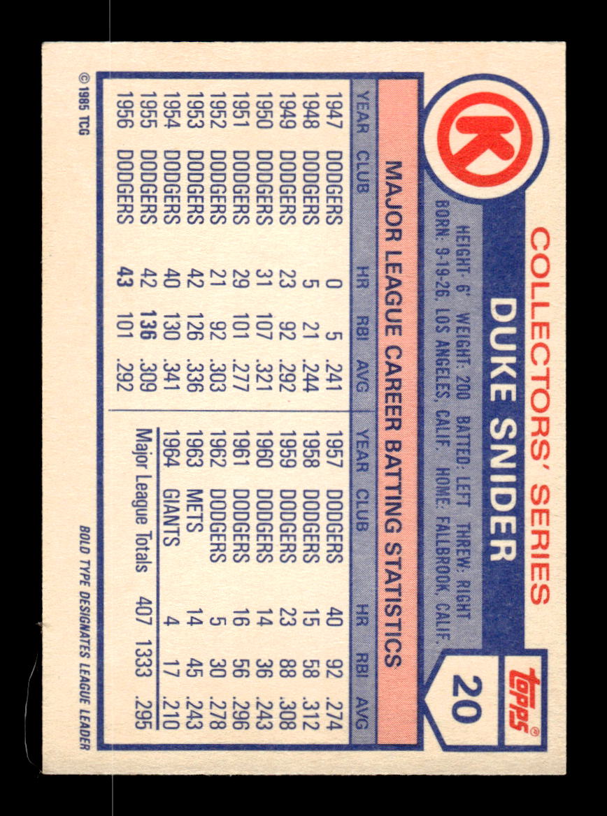 1985 Topps Circle K All Time Home Run Kings #20 Duke Snider HOF-10005138