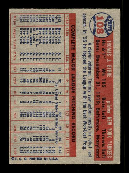 1957 Topps #108 Tommy Byrne New York Yankees EX HOF-10005536