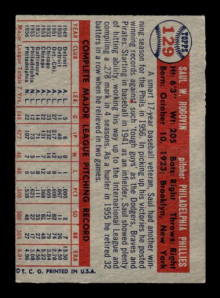 1957 Topps #129 Saul Rogovin Philadelphia Phillies EX HOF-10005560