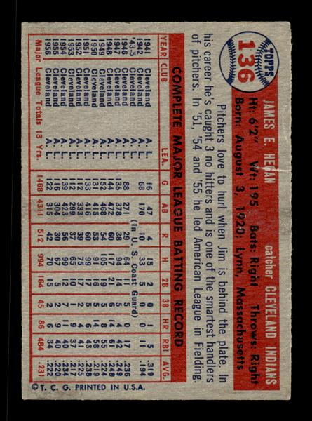 1957 Topps #136 Jim Hegan Cleveland Indians EX HOF-10005563