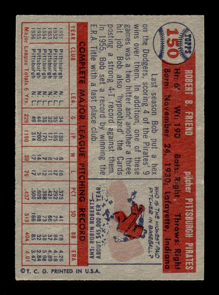 1957 Topps #150 Bob Friend Pittsburgh Pirates EX HOF-10005581