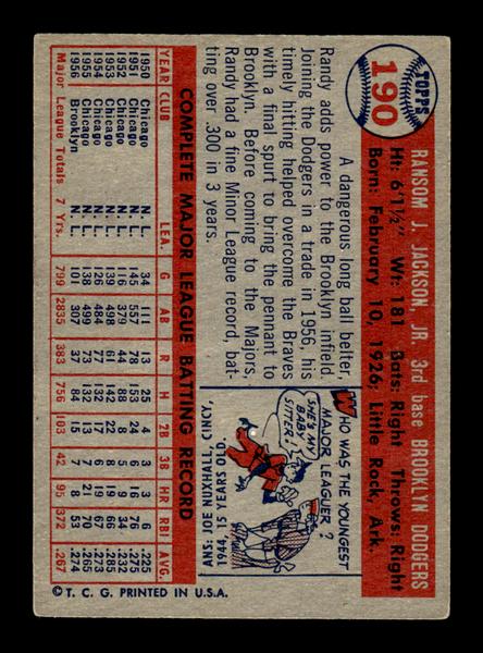 1957 Topps #190 Randy Jackson Brooklyn Dodgers EX HOF-10005613