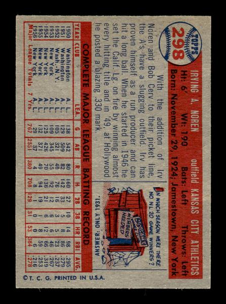 1957 Topps #298 Irv Noren Kansas City Athletics EX HOF-10005619
