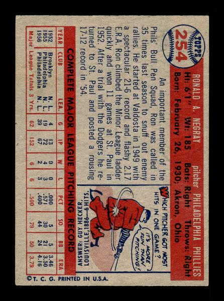 1957 Topps #254 Ron Negray Philadelphia Phillies EX HOF-10005645