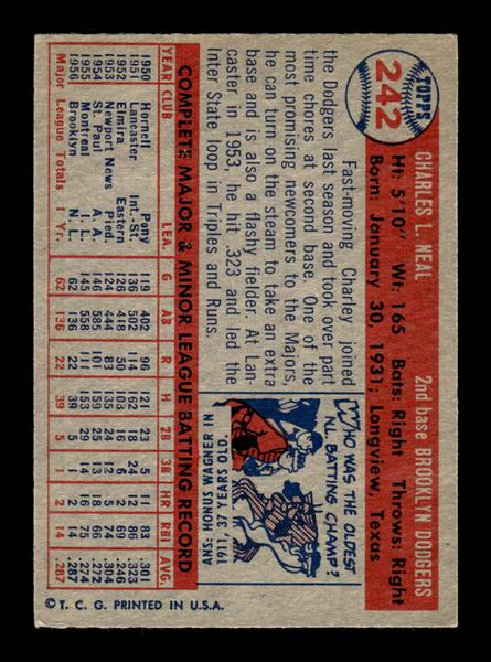 1957 Topps #242 Charley Neal Brooklyn Dodgers EX HOF-10005653