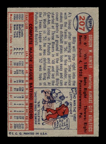 1957 Topps #207 Billy Hunter Kansas City Athletics EX HOF-10005676
