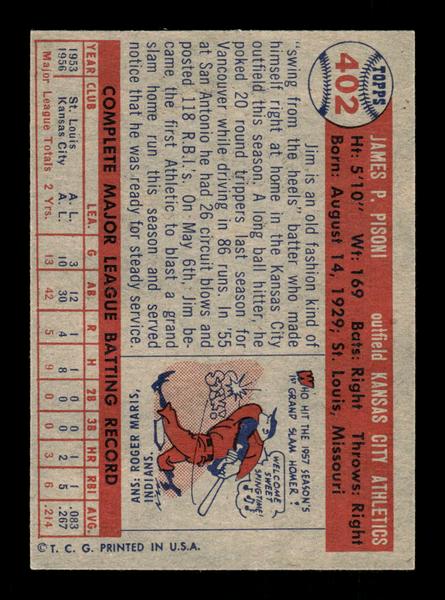 1957 Topps #402 Jim Pisoni Kansas City Athletics EX HOF-10005695