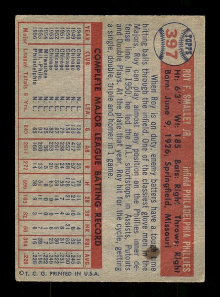 1957 Topps #397 Roy Smalley Philadelphia Phillies VG HOF-10005701