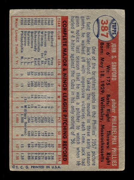 1957 Topps #387 Jack Sanford Philadelphia Phillies VG HOF-10005721