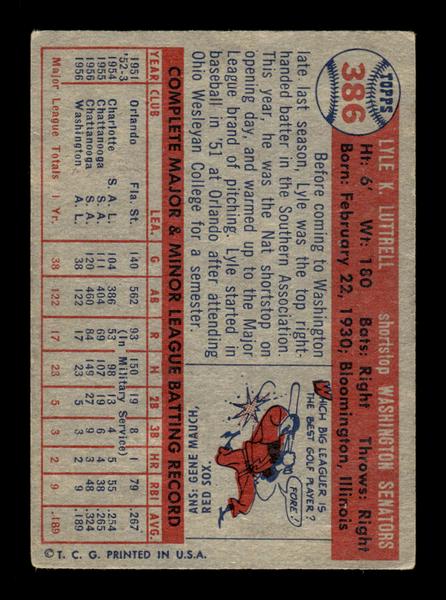 1957 Topps #386 Lyle Luttrell Washington Senators EX HOF-10005722