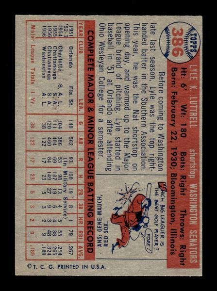 1957 Topps #386 Lyle Luttrell Washington Senators EX HOF-10005723