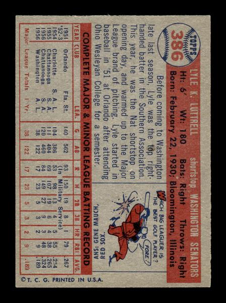 1957 Topps #386 Lyle Luttrell Washington Senators EX HOF-10005724