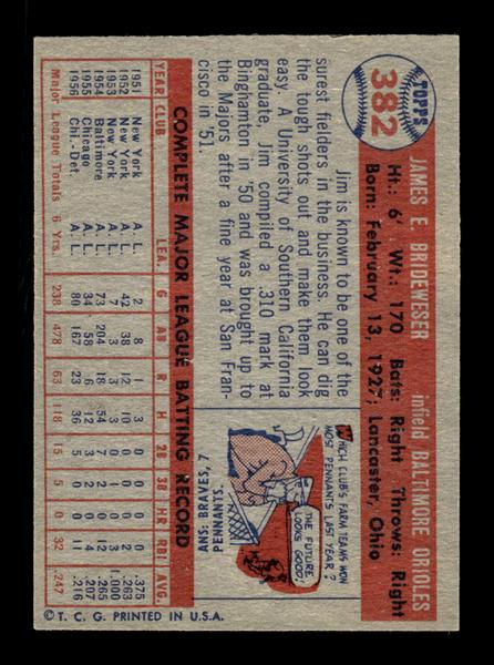1957 Topps #382 Jim Brideweser Baltimore Orioles EX HOF-10005729
