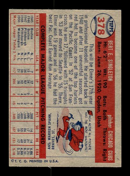 1957 Topps #378 Elmer Singleton Chicago Cubs EX HOF-10005733