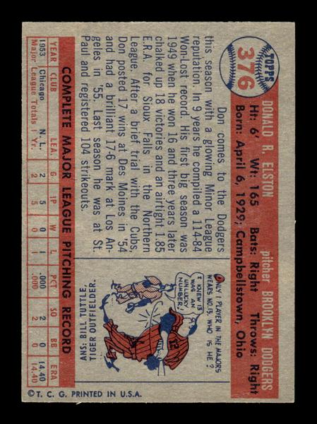 1957 Topps #376 Don Elston Brooklyn Dodgers EX HOF-10005737