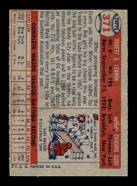 1957 Topps #371 Bob Lennon Chicago Cubs EX HOF-10005745