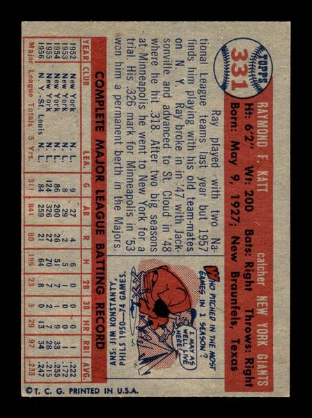 1957 Topps #331 Ray Katt New York Giants EX HOF-10005788