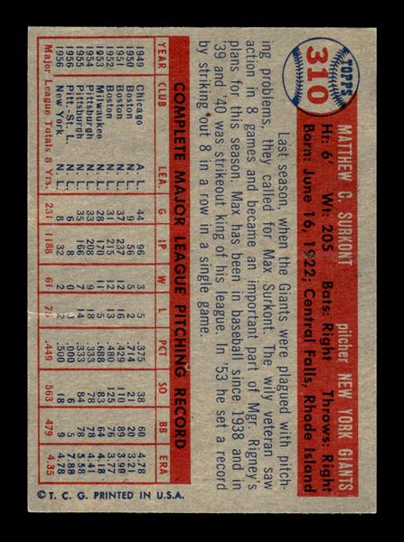 1957 Topps #310 Max Surkont New York Giants EX HOF-10005794