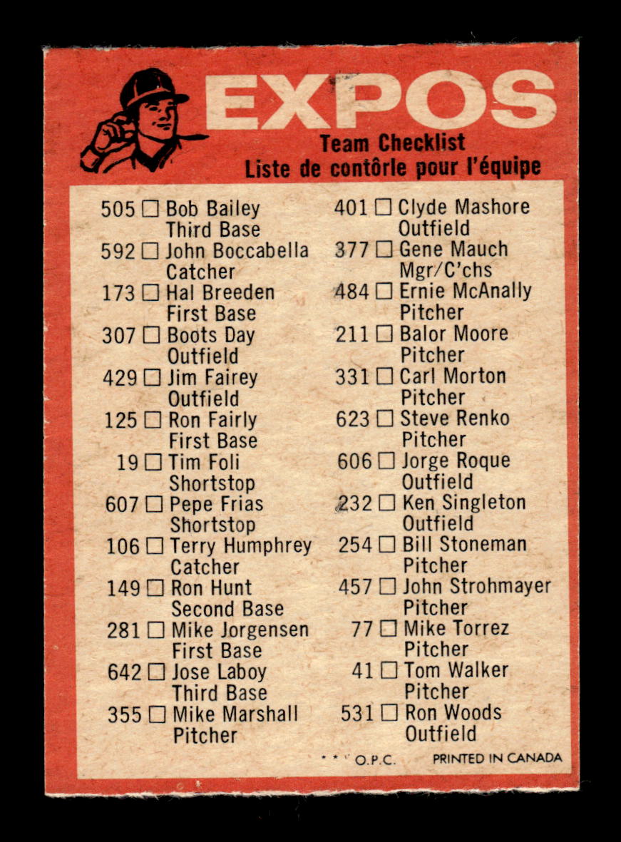 1973 O-Pee-Chee #NNO Montreal Expos Blue-Team-Checklists Excellent HOF-10005815