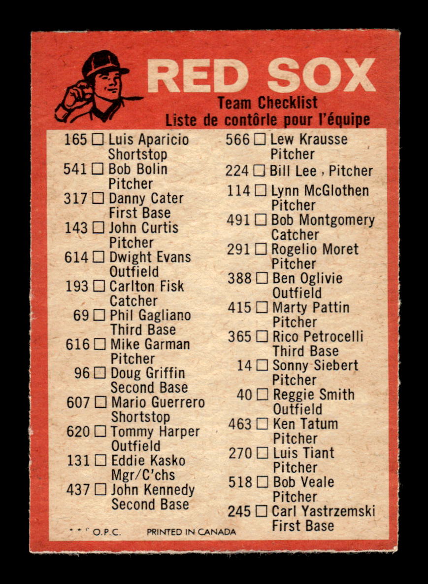 1973 O-Pee-Chee #NNO Boston Red Sox Blue-Team-Checklists Excellent HOF-10005818