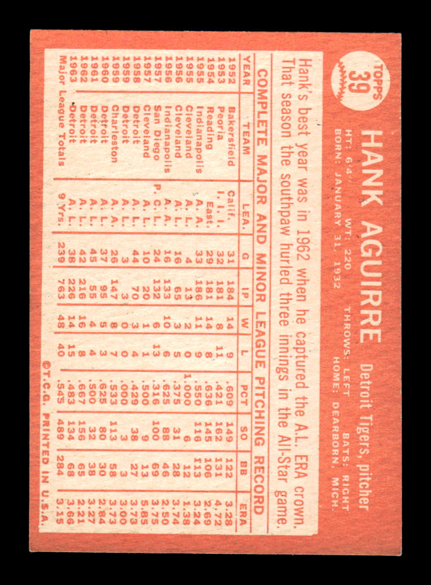 1964 Topps #39 Hank Aguirre Detroit Tigers EX HOF-10005835